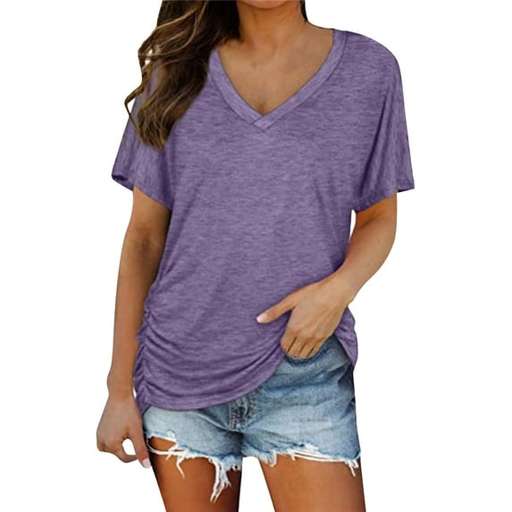 YEJIMAN Purple T-Shirts For Women, Colored cotton Usa Shirts For Women, Short Sleeves V Neck Plain Color Soft Loose Fitting Summer T Shirts Women