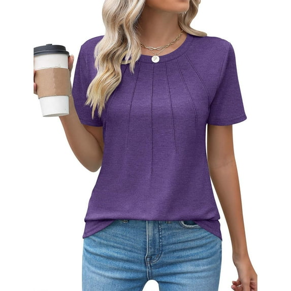 YEJIMAN Purple Tank Top For Women, Polyester,Spandex Womens Shirts, Women's Casual Crew Neck Short Sleeve Pleated Tops Blouses Fashion Clothes 2024