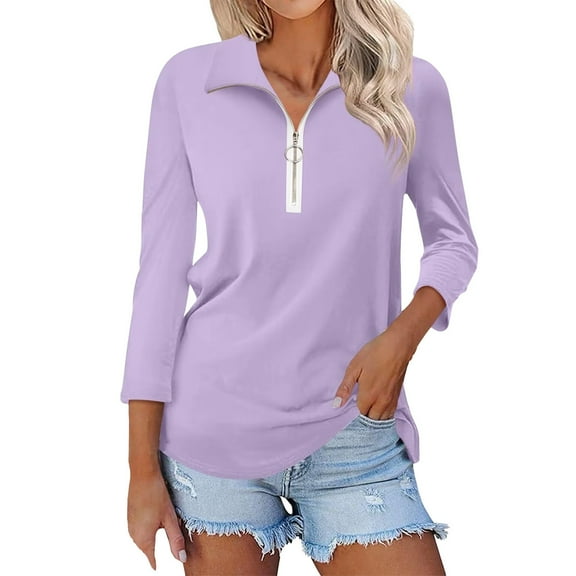 YEJIMAN Purple Tank Top For Women, Polyester,Spandex Womens Shirts, Women's V Neck 3/4 Sleeve Tops Quarter Zip Collared Shirts Shirts Summer Tees