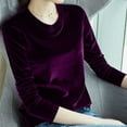 thumbnail image 1 of YEJIMAN Purple White Button Down Shirt Women, Velvet Tops for Women Long Sleeve Round Neck Shirt Blouse Pullove Solid Casual Tee Shirt Trendy Velvet Tops, 1 of 4