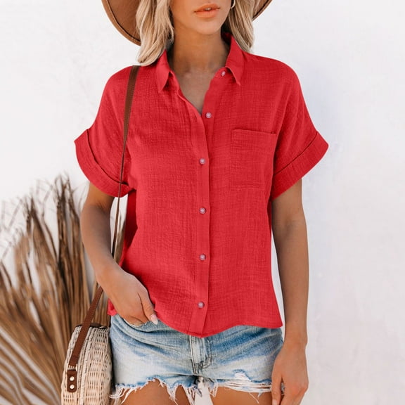 YEJIMAN Red Cotton Tshirts For Women, Polyester Patriotic Shirts For Women, Women's Loose Button Long Shirt Cotton Ladies Casual Tops T-Shirt Blouse