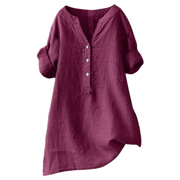 YEJIMAN Red Cotton Tshirts For Women, polyester Patriotic Shirts For Women, Loose Button Shirt Top Stand Solid Color Sleeve Collar Casual Women's Shirt Women's Shirt