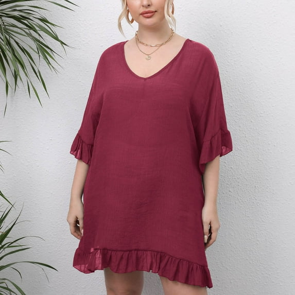 YEJIMAN Red One Piece Swimsuit Women, Slub Cotton Vintage, Swimsuit Cover Ups for Women Seethrough Plus Size Bathing Suit Cover up Casual Backless Beach Cover Ups with Ruffled Cuffs, L