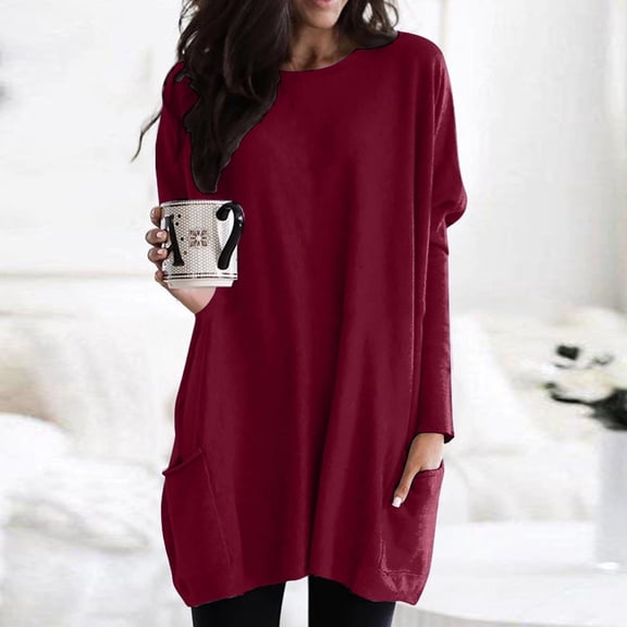 YEJIMAN Red Patriotic Shirts For Women, Polyester,Spandex Plus Size Tunic Tops, Women's Round Neck Long Sleeve Tops Plus Size Shirts Lightweight Sweatshirts Loose Casual Tunic with Pockets Blouses