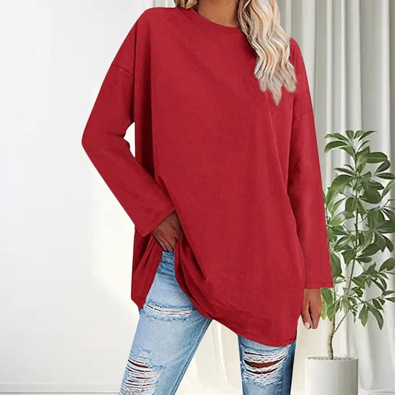 YEJIMAN Red Plus Size Tunic Tops For Women, cotton Cotton Tshirts For Women, Women's Plus Size Top Long Sleeve Crew Neck Loose T Shirt