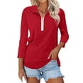 thumbnail image 1 of YEJIMAN Red Plus Size Tunic Tops, Polyester,Spandex T-Shirts For Women, Women's V Neck 3/4 Sleeve Tops Quarter Zip Collared Shirts Shirts Summer Tees, 1 of 3