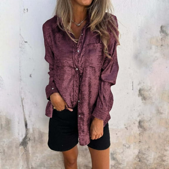 YEJIMAN Red Plus Size Tunic Tops For Women, Polyester,Spandex Cotton Tshirts For Women, Women's Satin Silk Blouse Lapel V Neck Long Sleeve Casual Work Blouse Shirts Pullover Tops