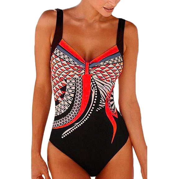 YEJIMAN Red Swimsuit for Women, Polyester Athletic Swimsuits for Women, Women Summer Backless Print Swimwear Beachwear Siamese Swimsuit Bikini Set, M