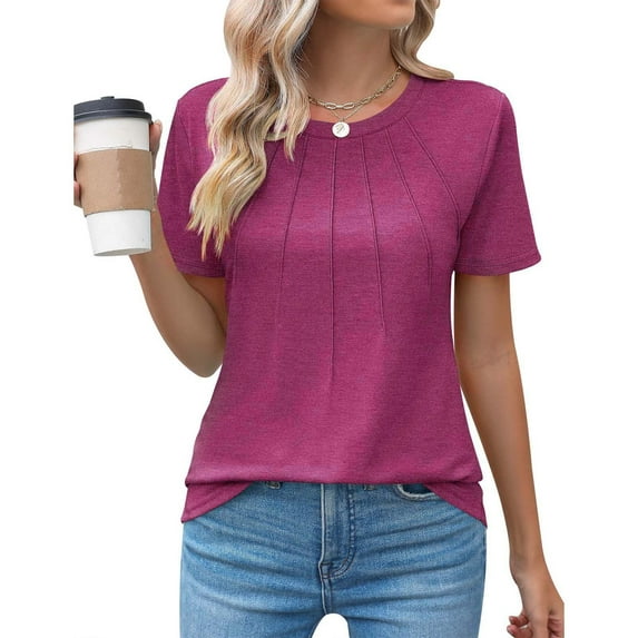 YEJIMAN Red Womens Shirts, Polyester,Spandex Cute T Shirts, Women's Casual Crew Neck Short Sleeve Pleated Tops Blouses Fashion Clothes 2024