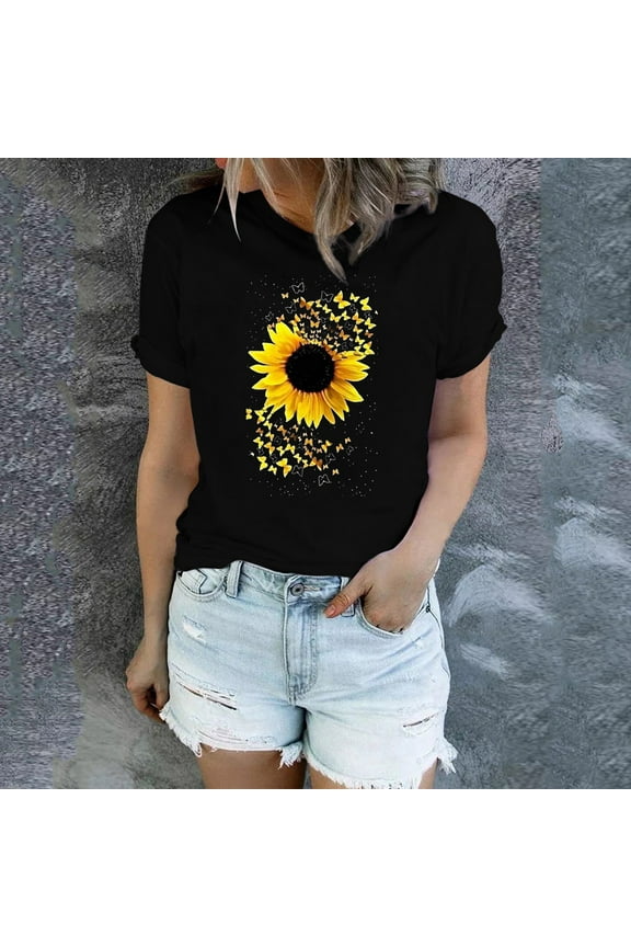 Short Sleeve T-shirt, Black Cute T Shirts, Sunflower Shirts for Women Cute Dandelion Graphics Tshirt Summer Women Short Sleeve Tee Tops, Big & Tall