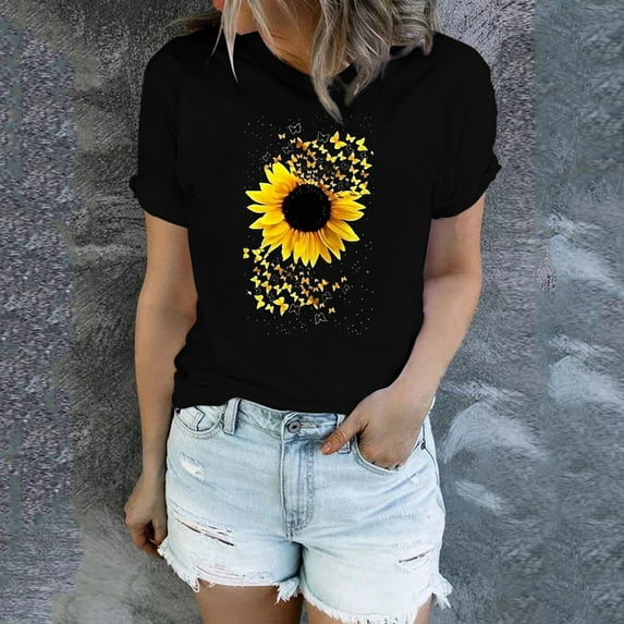 YEJIMAN Short Sleeve T-shirt, Black Shirt Women Trendy, Sunflower Shirts for Women Cute Dandelion Graphics Tshirt Summer Women Short Sleeve Tee Tops, Big & Tall