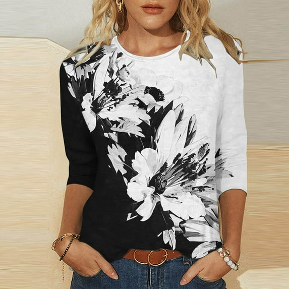YEJIMAN Short Sleeve T-shirt, Black T-Shirts For Women, Women's Spring/Summer Round Neck Flower Print Loose Casual 3/4 Sleeve T Shirt, Big & Tall