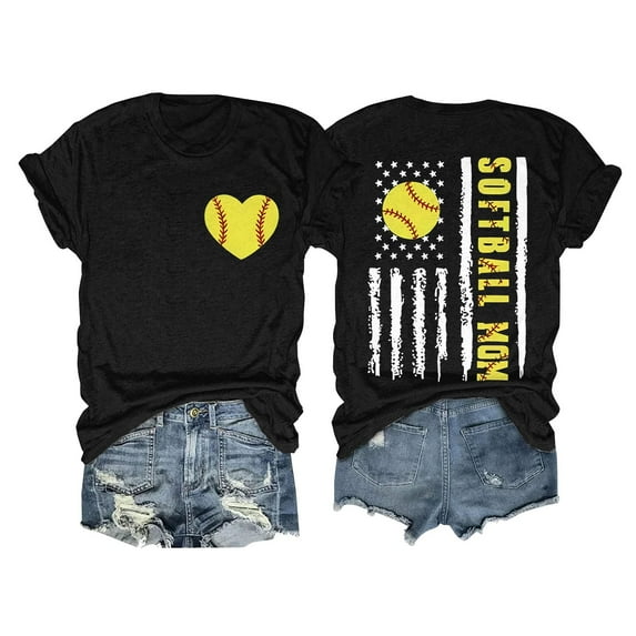 YEJIMAN Short Sleeve T-shirt, Black Womens Tshirts Cotton, Women's SOFTBALL MOM Baseball Print Loose T Shirt Short Sleeve Top,