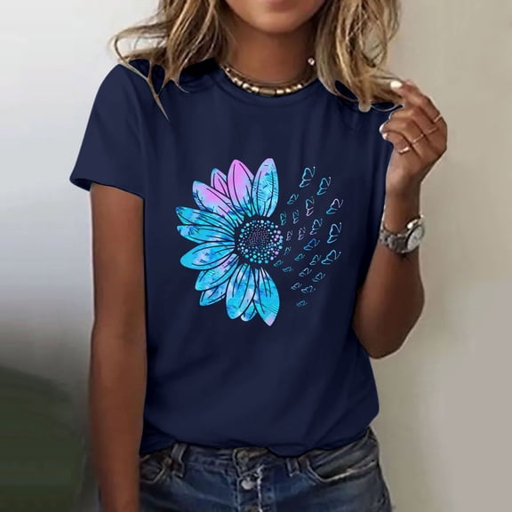 YEJIMAN Short Sleeve T-shirt, Blue Cute T Shirts, Women's Sunflower Summer T Shirt Plus Size Loose Top Tops Girls Short Sleeve Graphic Casual T Shirt, Big & Tall