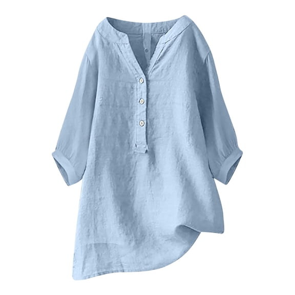 YEJIMAN Short Sleeve T-shirt, Blue Patriotic Shirts For Women, Loose Button Shirt Stand up Collar Solid Color 7 Sleeve Neck Casual Women's T Shirt, Big & Tall