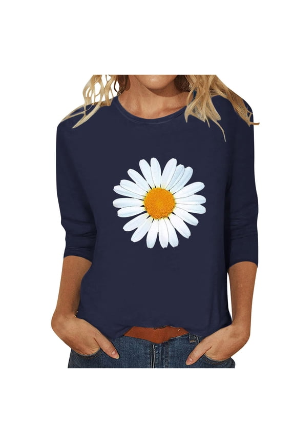 Short Sleeve T-shirt, Blue Shirt Women, Women's Round Neck Printed Seven Sleeve Casual T Shirt Top, Big & Tall