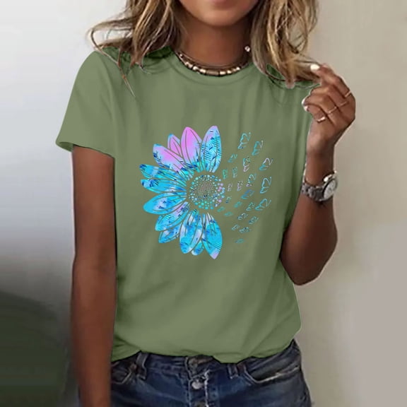 YEJIMAN Short Sleeve T-shirt, Green T-Shirts For Women, Women's Sunflower Summer T Shirt Plus Size Loose Top Tops Girls Short Sleeve Graphic Casual T Shirt, Big & Tall