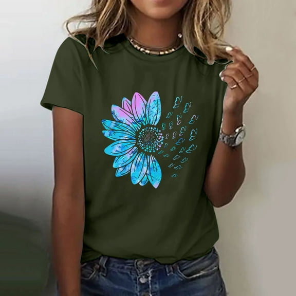 YEJIMAN Short Sleeve T-shirt, Green T-Shirts For Women, Women's Sunflower Summer T Shirt Plus Size Loose Top Tops Girls Short Sleeve Graphic Casual T Shirt, Big & Tall