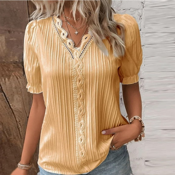 YEJIMAN Orange Plus Size Tunic Tops For Women, Wave Womens Tshirts Cotton, Women Summer Lace V Neck Plain Lace Elegant Shirt Fashion Solid Color Elegant Blouse Short Sleeve Comfy Soft Tee