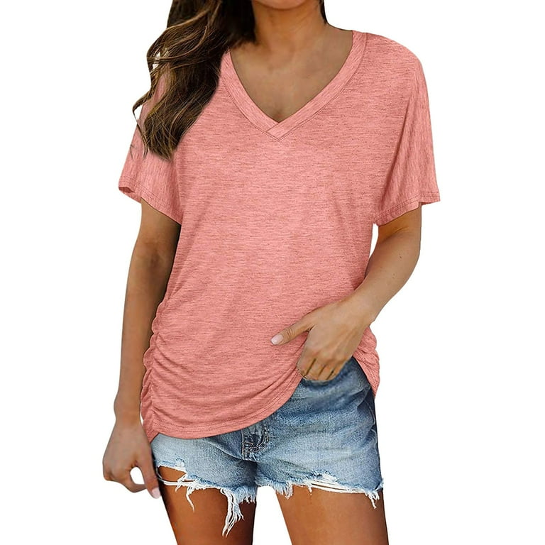 YEJIMAN Short Sleeve T-shirt, Pink V Neck T Shirts For Women