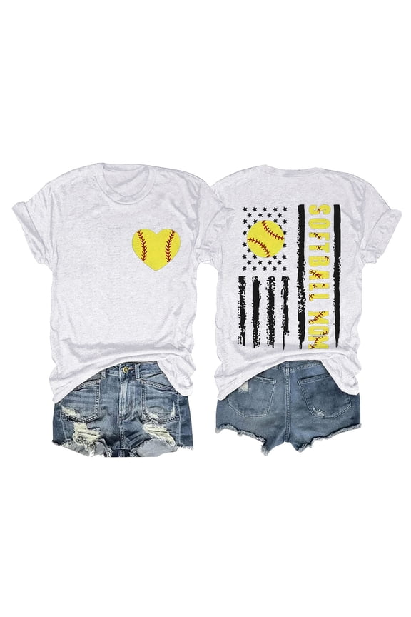 Short Sleeve T-shirt, White Cotton Tshirts For Women, Women's SOFTBALL MOM Baseball Print Loose T Shirt Short Sleeve Top,