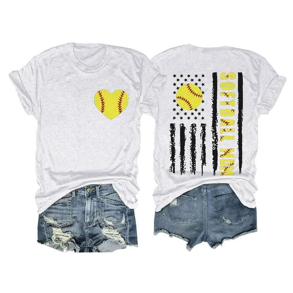 YEJIMAN Short Sleeve T-shirt, White Usa Shirts For Women, Women's SOFTBALL MOM Baseball Print Loose T Shirt Short Sleeve Top,