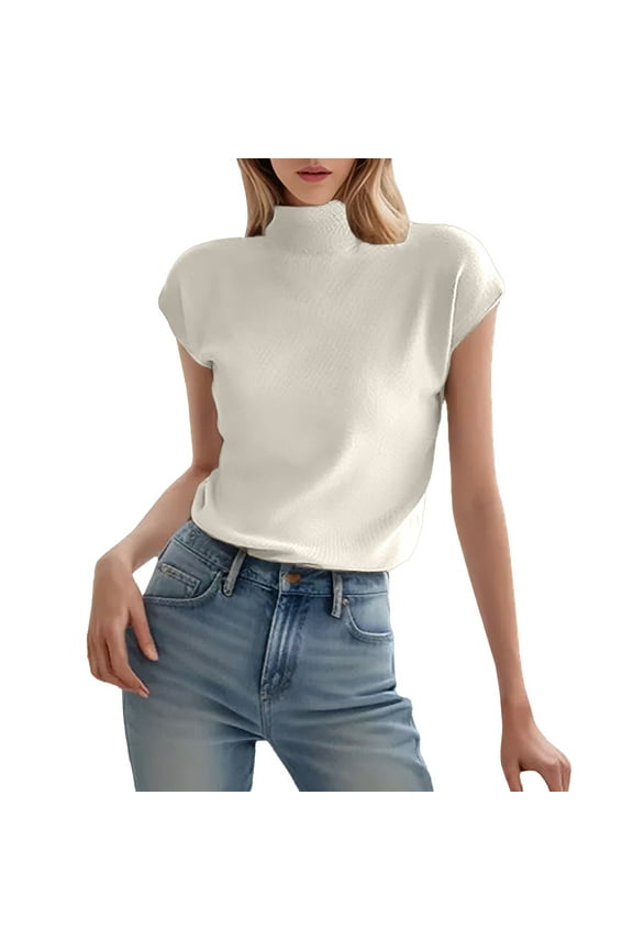 Short Sleeve T-shirt, White Womens Shirts, Women's Ice Silk Short Sleeve Sweater Small Turtle Collar Spring and Summer Casual Basic Knitted Slim Fit Pullover,