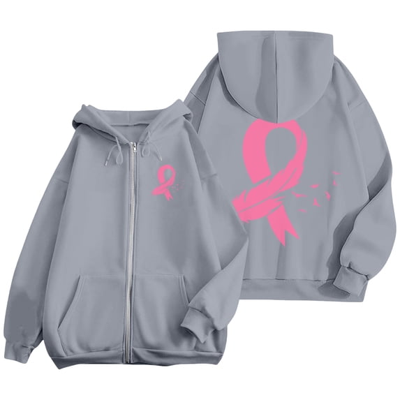 YEJIMAN Sweatshirt for Women Breast Cancer Awareness Hoodies Ribbon Graphic Full Zip Up Oversized Fleece Jackets Clothes Zip Up Hoodie