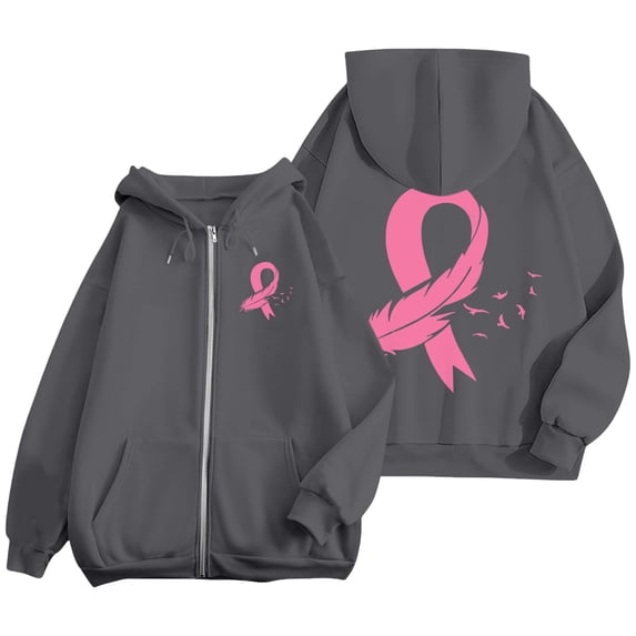 YEJIMAN Sweatshirt for Women Breast Cancer Awareness Hoodies Ribbon Graphic Full Zip Up Oversized Fleece Jackets Clothes Zip Up Hoodie