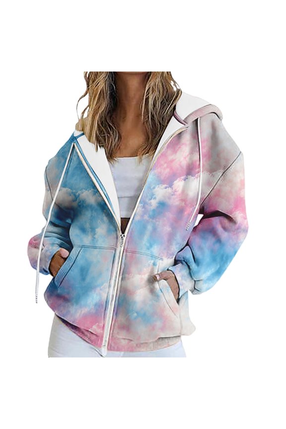 Sweatshirt for Women Spring And Autumn Winter Printed Fashion Tie Dye Pattern Hooded Sports Shirt Sleeve Pocket Jacket Loose Zip Up Hoodie