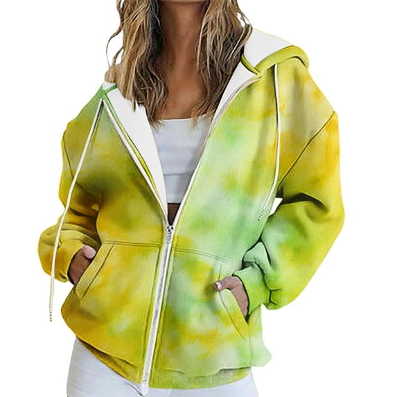 YEJIMAN Sweatshirt for Women Spring And Autumn Winter Printed Fashion Tie Dye Pattern Hooded Sports Shirt Sleeve Pocket Jacket Loose Zip Up Hoodie