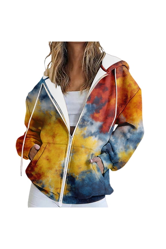 Sweatshirt for Women Spring And Autumn Winter Printed Fashion Tie Dye Pattern Hooded Sports Shirt Sleeve Pocket Jacket Loose Zip Up Hoodie