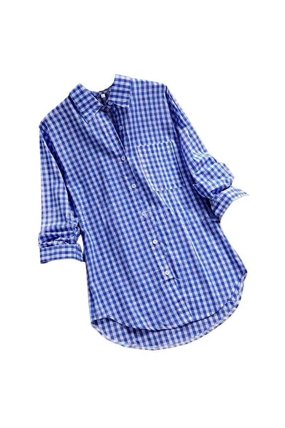 T Shirts For Women's Plaid Lapel Long Sleeve Vintage Shirt Top Blouses For Women Dressy Casual Blue