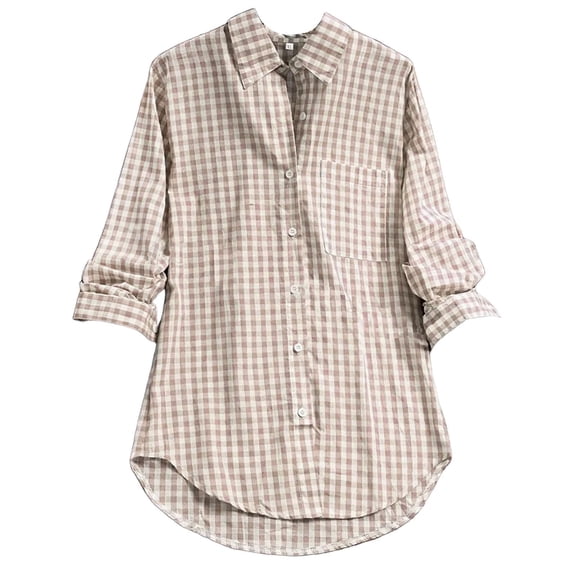 YEJIMAN T Shirts For Women's Plaid Lapel Long Sleeve Vintage Shirt Top Blouses For Women Dressy Casual Khaki