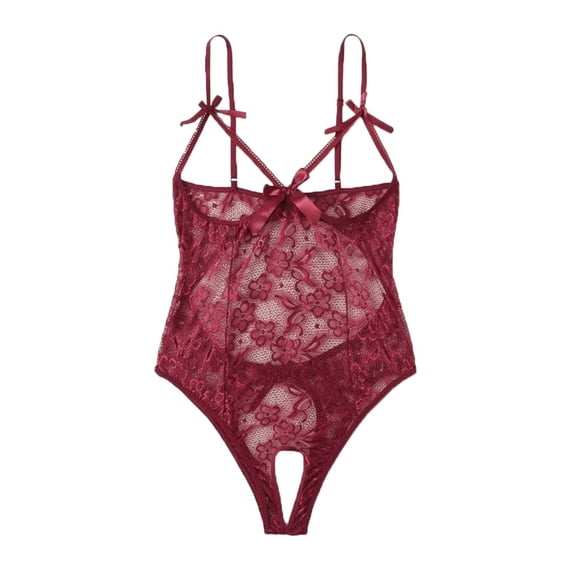 YEJIMAN Underwear for Women Bow Lace Hollow Teddy Bodysuit Backless Jumpsuit Bottom-free Underwea