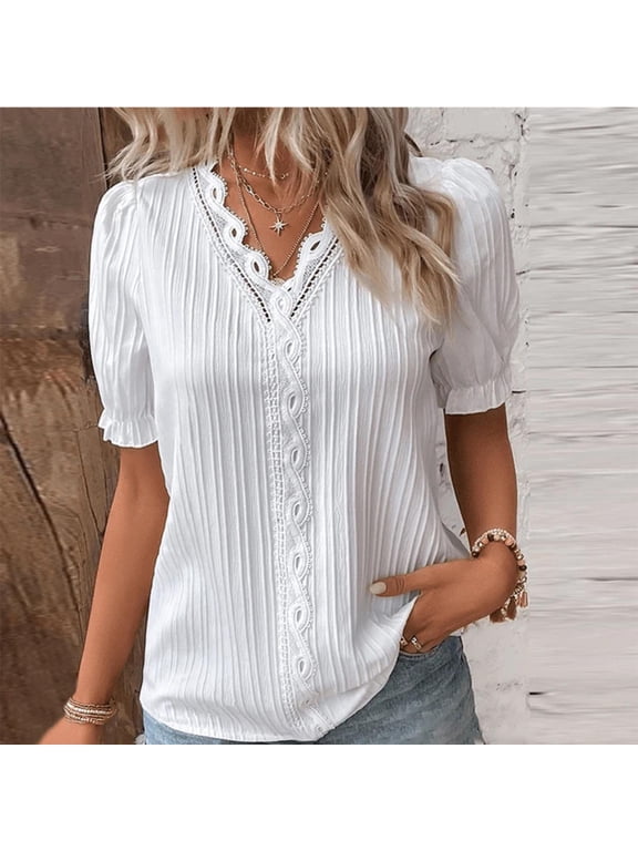 White Plus Size Tunic Tops For Women, Wave Womens Tshirts Cotton, Women Summer Lace V Neck Plain Lace Elegant Shirt Fashion Color Elegant Blouse Short Sleeve Comfy Soft Tee