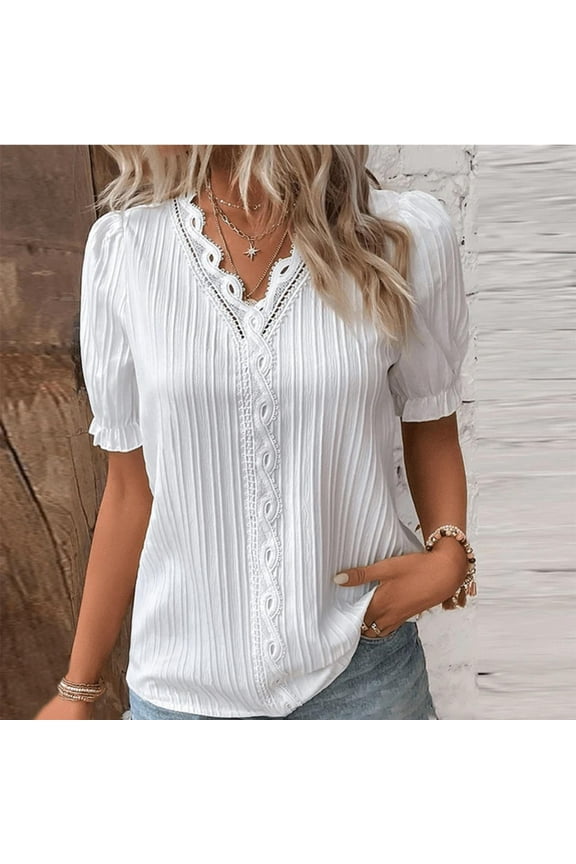 White Plus Size Tunic Tops For Women, Wave Womens Tshirts Cotton, Women Summer Lace V Neck Plain Lace Elegant Shirt Fashion Solid Color Elegant Blouse Short Sleeve Comfy Soft Tee