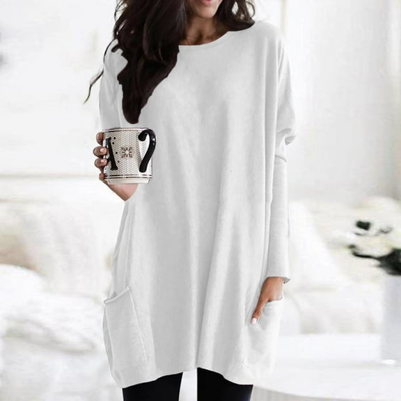 YEJIMAN White Shirt Women Trendy, Women's Round Neck Long Sleeve Tops Plus Size Shirts Lightweight Sweatshirts Loose Casual Tunic with Pockets Blouses
