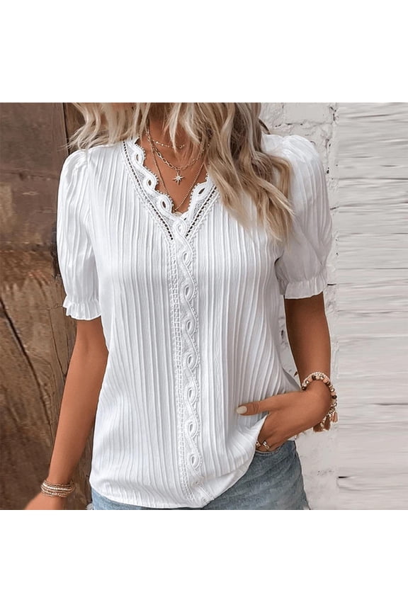 White Womens Shirts, Wave Cute T Shirts, Women Summer Lace V Neck Plain Lace Elegant Shirt Fashion Color Elegant Blouse Short Sleeve Comfy Soft Tee