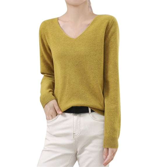YEJIMAN Winter Clothing for Women Knitted Sweater Low Neck V Warm Base Long Sleeved Solid Color Sweaters for Women Yellow