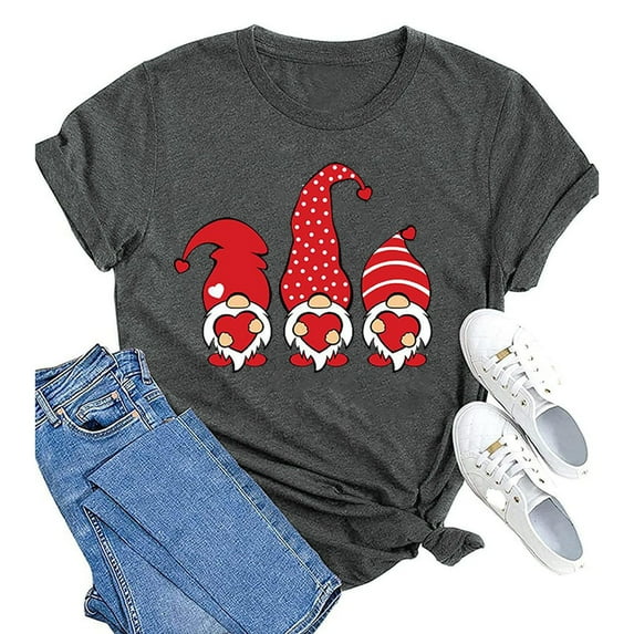 YEJIMAN Women's Gnome Print Round Neck Short Sleeve T Shirt Top, Gray Cute T Shirts, Polyester,Spandex Plus Size Tunic Tops