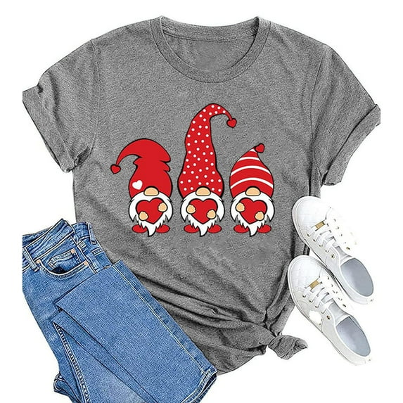 YEJIMAN Women's Gnome Print Round Neck Short Sleeve T Shirt Top, Gray Oversized Tshirts For Women, Polyester,Spandex Tank Top For Women