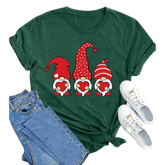 YEJIMAN Women's Gnome Print Round Neck Short Sleeve T Shirt Top, Green V Neck T Shirts For Women, Polyester,Spandex Usa Shirts For Women