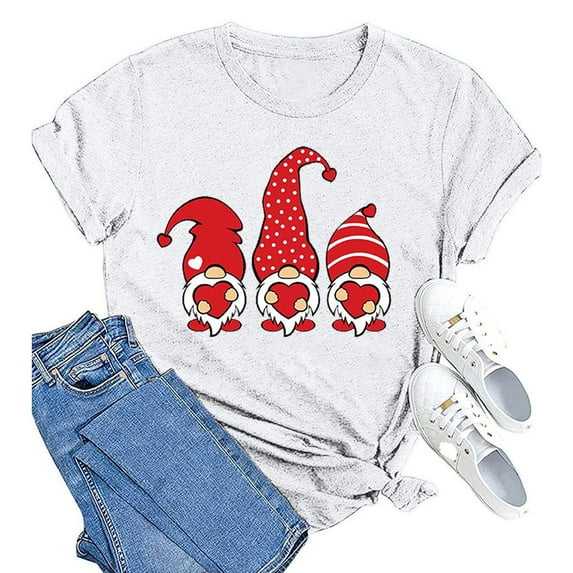 YEJIMAN Women's Gnome Print Round Neck Short Sleeve T Shirt Top, White Tank Top For Women, Polyester,Spandex Cotton Tshirts For Women, Big & Tall