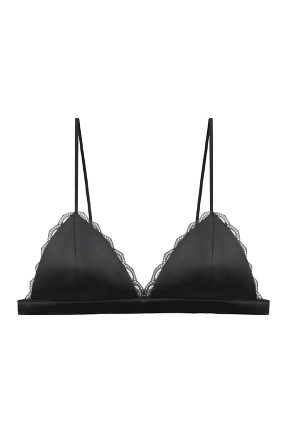 Women's Silk Satin Triangle Bralette Soft Cup Wireless Bra Smooth and Comfortable Wire Bra Top (with Chest Pad), Black Long Underwear Women, Satin Womens Underwear Cotton