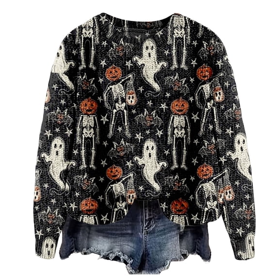 YEJIMAN Womens Sweaters Halloween For Women Season Sweatshirt Graphic Print Long Sleeve Knit Pullover Tops Halloween Sweater