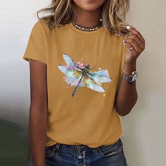 YEJIMAN Short Sleeve T-shirt, Yellow Shirt Women, Women's Fashion Casual Print Round Neck Short Sleeve Top T Shirt, Big & Tall