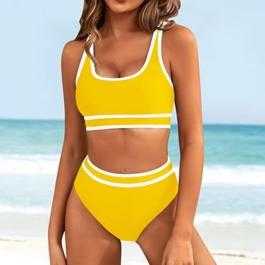 YEJIMAN Yellow Swimsuit for Women, Nylon,Spandex Athletic Swimsuits for Women, Women's Two Swimsuit High Waisted Contrasting Colors Bikini Sets Double Shoulder Bathing Suits for 2024, L