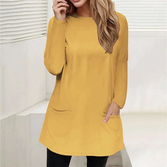YEJIMAN Yellow Tank Top For Women, Full Size Pocketed Round Neck Long Sleeve T Shirt Women's Spring and Autumn Pocket Round Neck Long Sleeve T Shirt Casual Loose Top