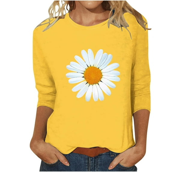 YEJIMAN Yellow White Button Down Shirt Women, Polyester,Spandex V Neck T Shirts For Women, Women's Round Neck Printed Seven Sleeve Casual T Shirt Top